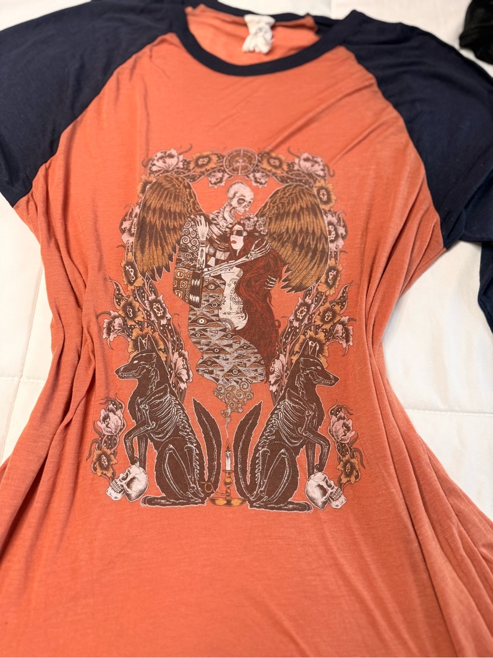 Obey Orange Raglan Tee with Navy Sleeves and Gothic Graphic